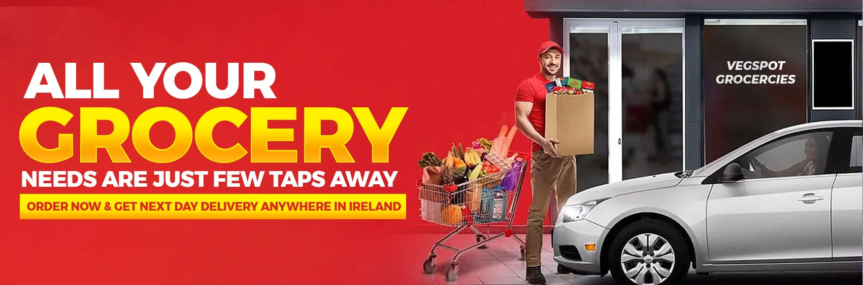 Advertisement for grocery delivery service with a person delivering groceries and a car in front of a store.