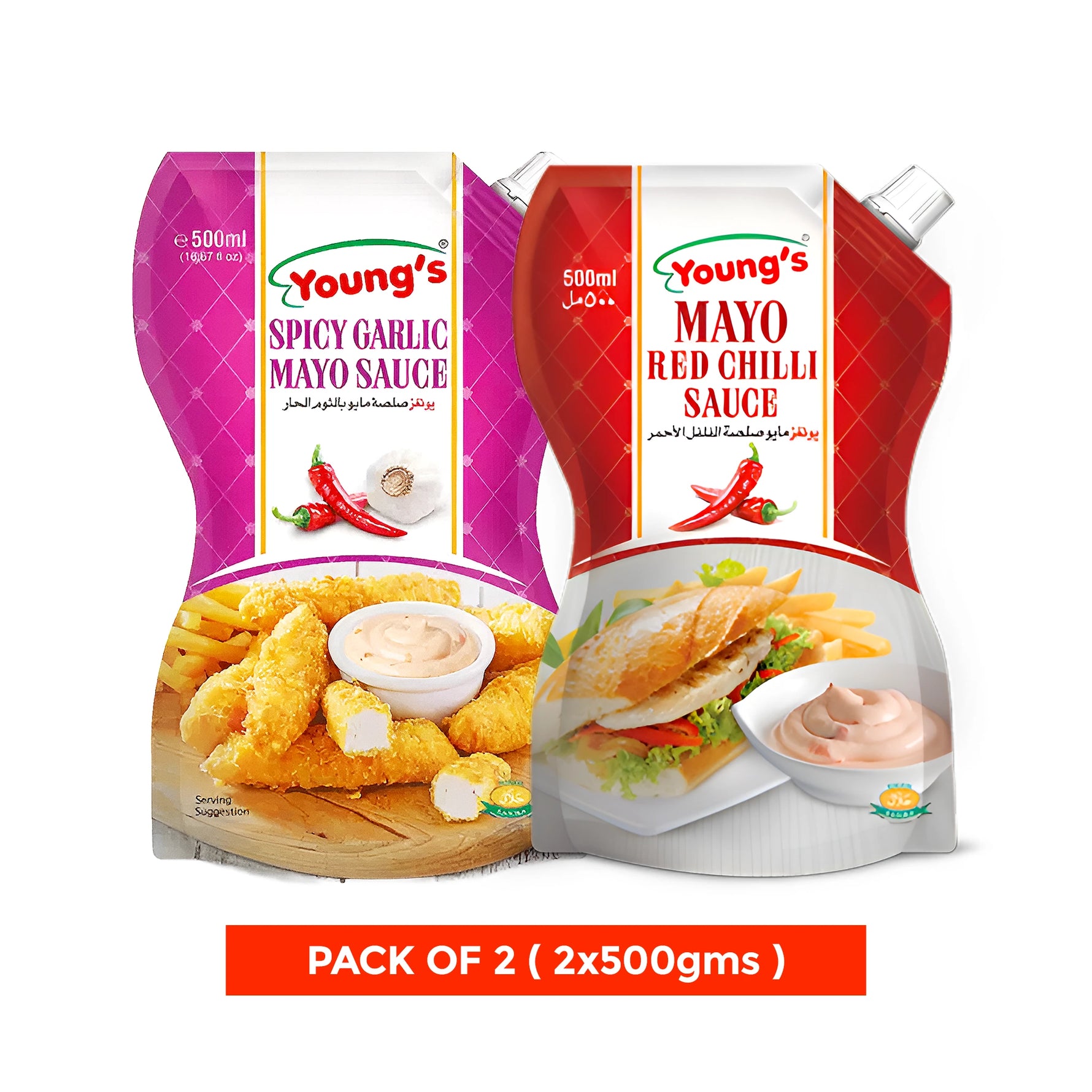 Young's Mayo Sauces Pack of 2 (Spicy Garlic + Red Chilli) 2x500gms